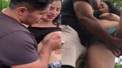 Milky white latin girl and boyfriend has adventures outdoor sex