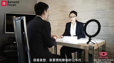 Brunette seduced and fucked her Asian interviewer