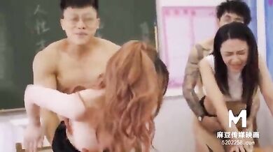 Guys fucks two Chinese girls in the classroom