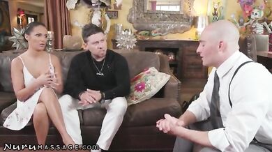 Lady fucks her husband's boss during the Nuru massage