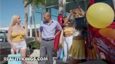 Three sluts fucks a salesman during the test drive