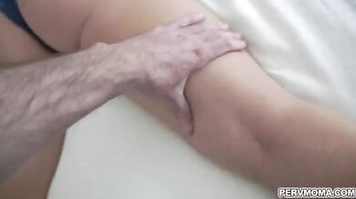 Blonde milf teases her stepson with her naked thigh