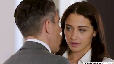 Boss and his friend double penetrate the dress designer