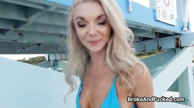 Blonde bikini babe on the beach fucks for money