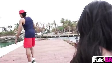 Sexy slut takes her black pool cleaner's