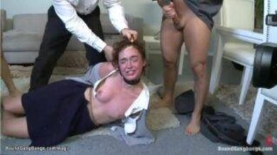 Perverts double penetrate a young slut brutally in a gangbang