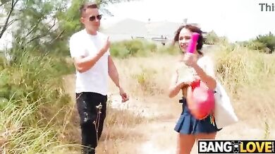 A sexy girl fucks outdoor with some pervert strangers