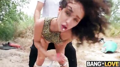 A sexy girl fucks outdoor with some pervert strangers