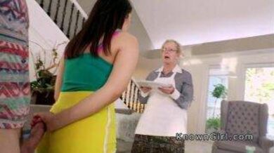 Busty babe fucks in sofa beside her sleeping granny