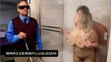 Busty milf fucks a delivery guy around her blind husband