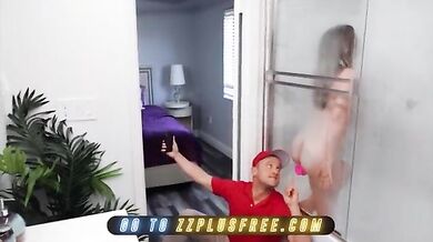 Busty milf fucks a delivery guy around her blind husband