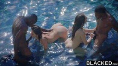 Two brunettes fucked in an interracial foursome