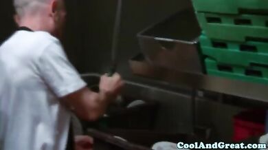 Horny lady sucked a waiter's dick at the washroom