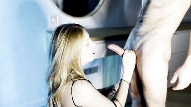 Blonde woman sucks big cock in bathroom