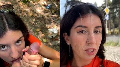 Street woman roams with creampies facial in public video