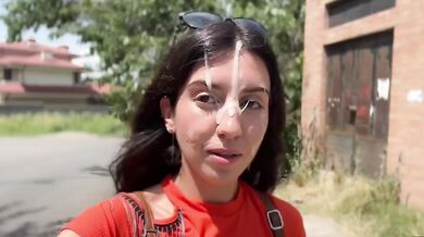 Street woman roams with creampies facial in public video