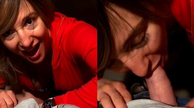 Red dress woman gives hot blowjob to her stepson